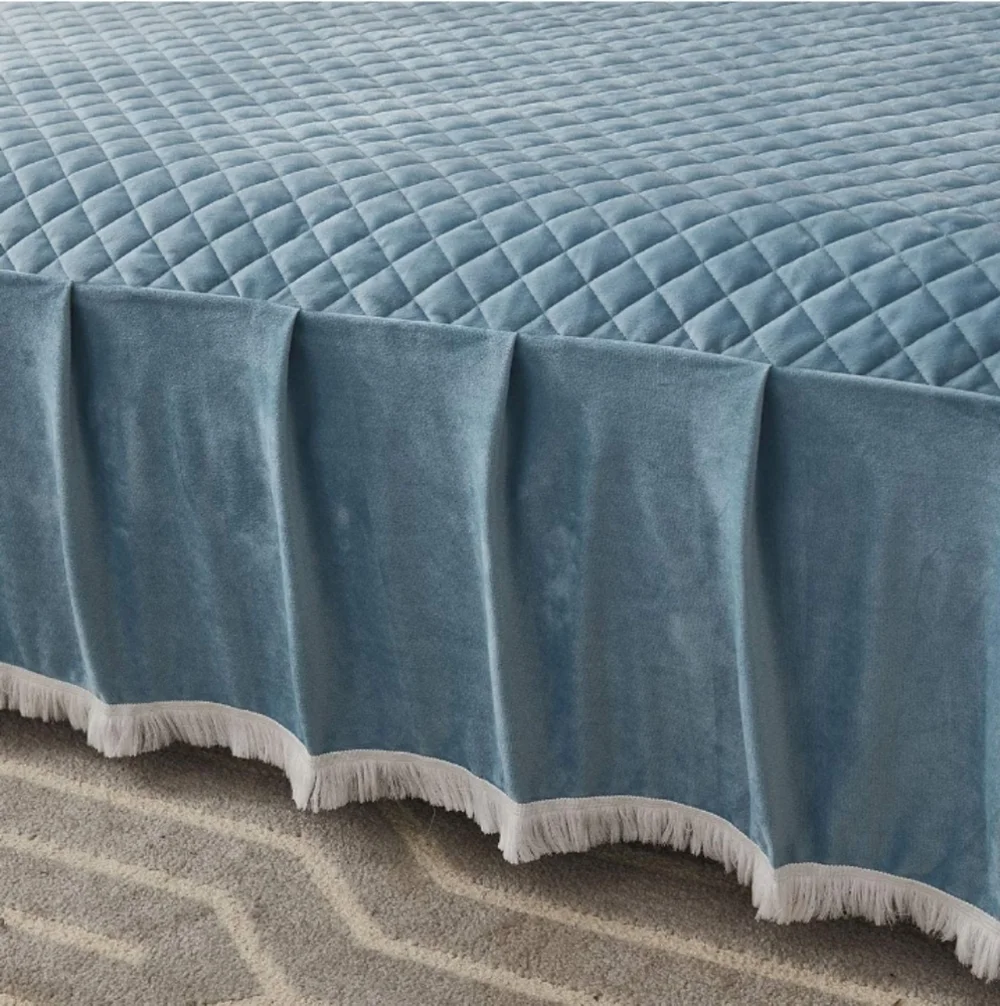 Velvet Diamond-Stitch Bedspread with Tassel Fringe Turquoise Twin NWT